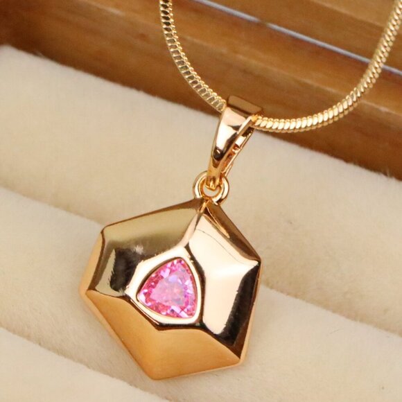 "Pink Geometric Gold-Plated Pendant with Trillion-Cut Center Stone, XPPT1752 - Picture 1 of 13